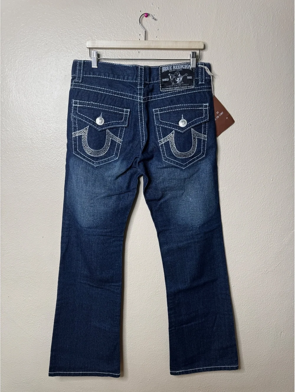 True Religion Womens Size 32X34 Billy Super T Bootcut Jeans Rhinestone Dark Wash